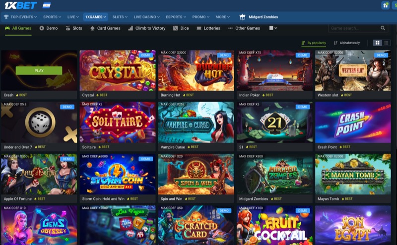 1xBet 1xCrash game interface showing the crash multiplier and betting panel