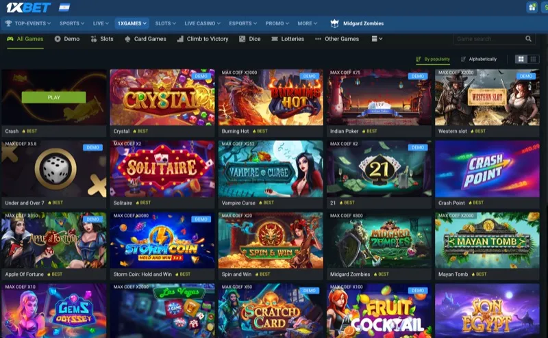 1xBet 1xCrash game interface showing the crash multiplier and betting panel
