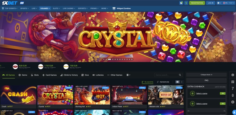 1xBet 1xGames lobby showing crash games including Aviator and 1xCrash