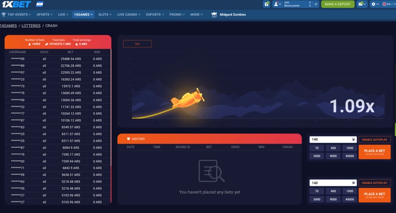 1xBet crash game Aviator showing plane at 1.09x multiplier with bet history