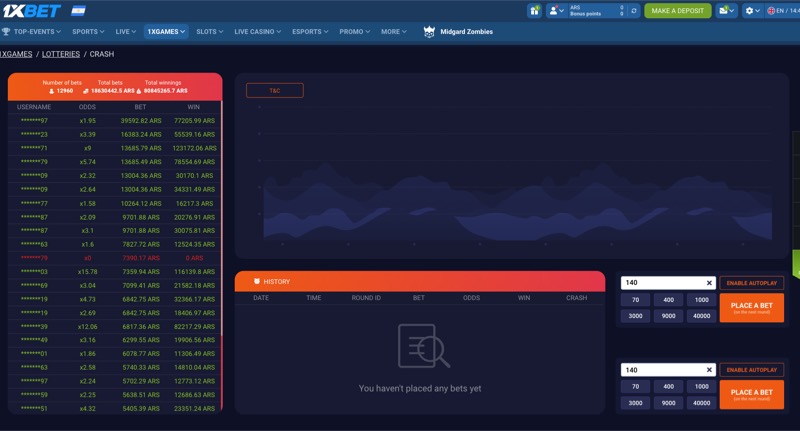 1xBet crash game history panel showing previous round multipliers and statistics