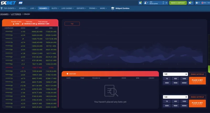 1xBet crash game history panel showing previous round multipliers and statistics