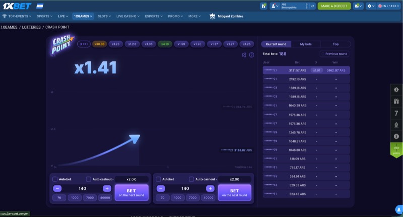 Crash Point game on 1xBet showing x1.41 multiplier with rising graph and bet controls
